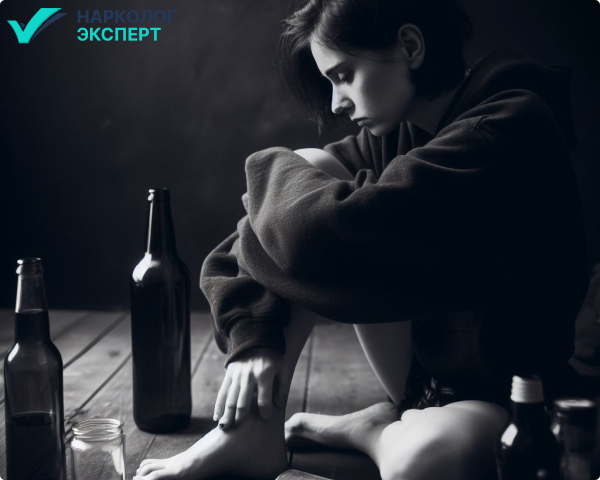 Грустная девушка сидит возле пустых бутылок